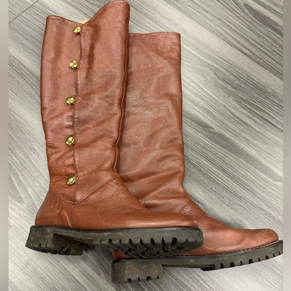 Michael Kors Tall Brown Leather Riding Boots Faux Fur Lined Snap Up Size 6 ½ M